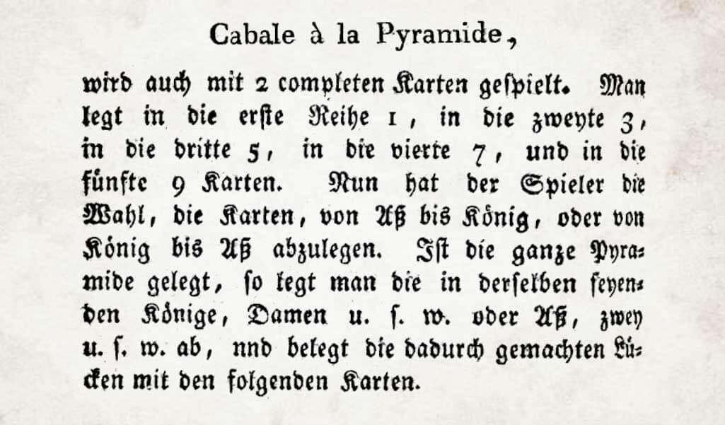 Page from the 1808 book Neue Königliche L’Hombre describing the pyramid card game Cabale à la Pyramide