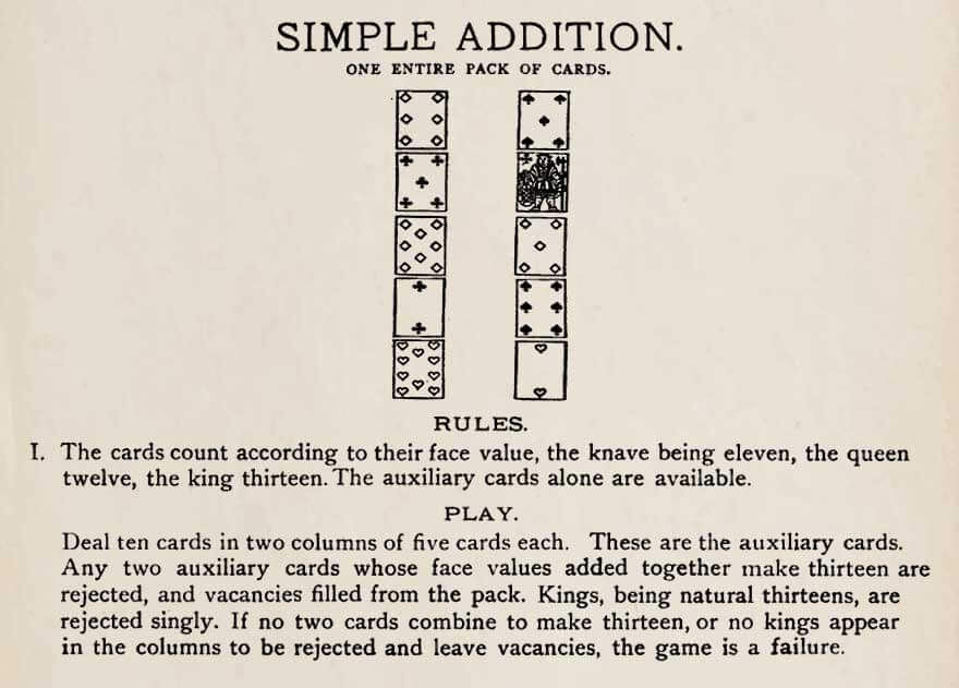 Page from 1898 book Dick’s Games of Patience showing rules for Simple Addition