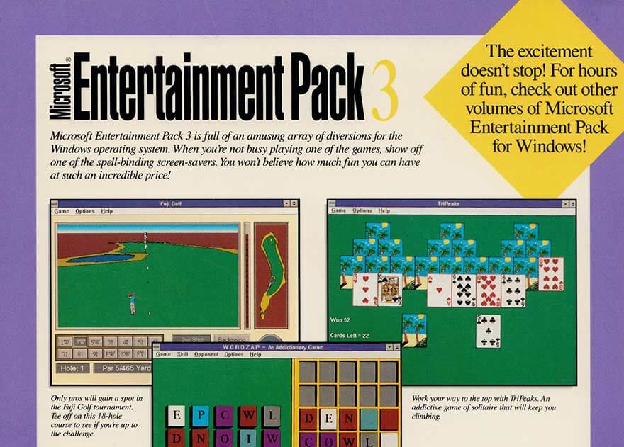 Back of the Microsoft Entertainment Pack 3 box featuring TriPeaks and other early Windows games