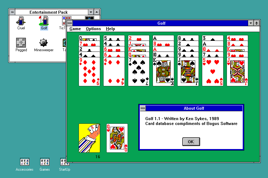 Golf Solitaire from Microsoft Entertainment Pack, by Ken Sykes (1989) with card deck by Bogus Software