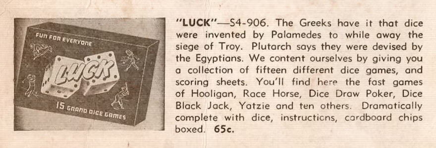 1943 advertisement for Luck: 15 Grand Dice Games, featuring Yatzie