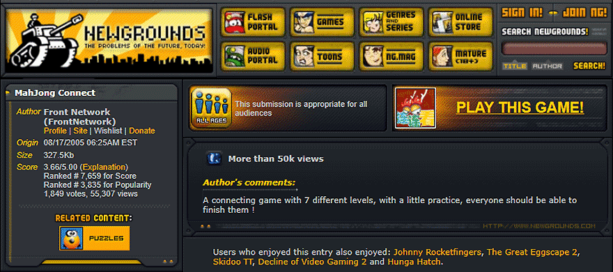 First recorded use of Mahjong Connect on Newgrounds, Aug 2005