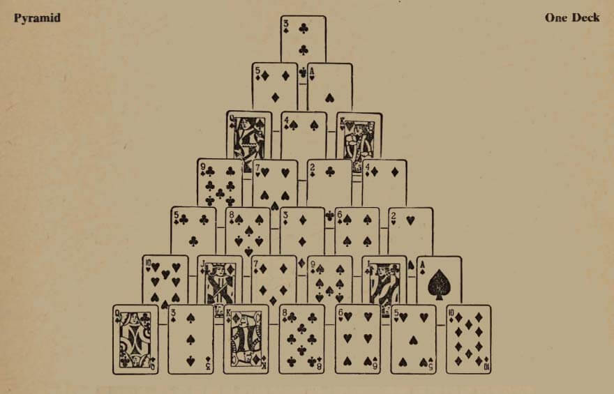 Pyramid Solitaire layout from the 1949 book The Complete Book of Solitaire and Patience Games by Albert Hodges