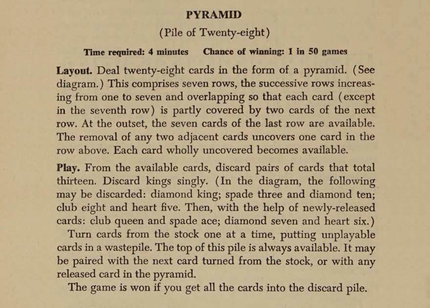 Page from the 1949 book The Complete Book of Solitaire and Patience Games by Albert Hodges showing Pyramid Solitaire rules