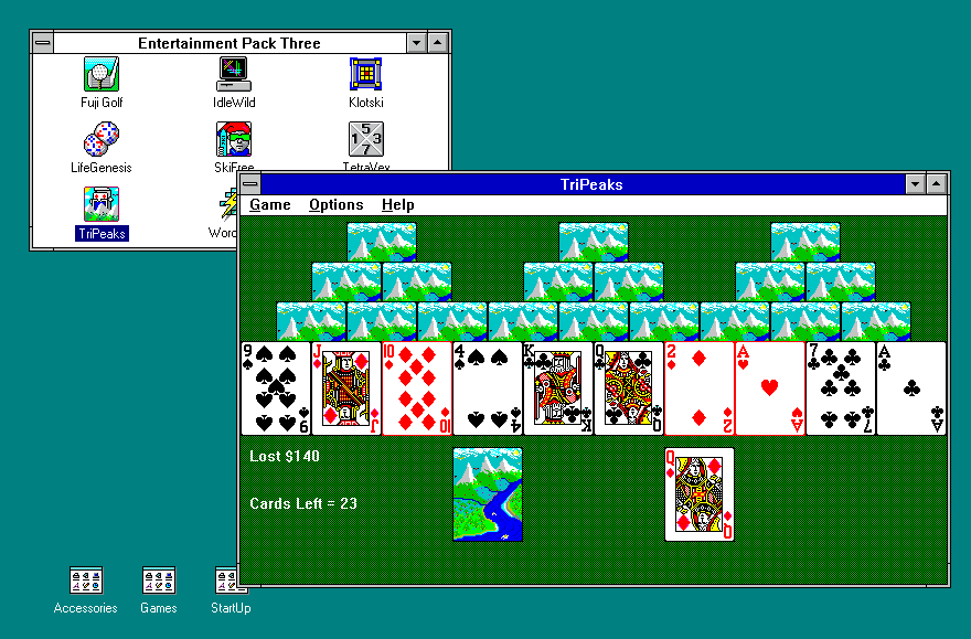 TriPeaks Solitaire running on a Windows 3.1 desktop