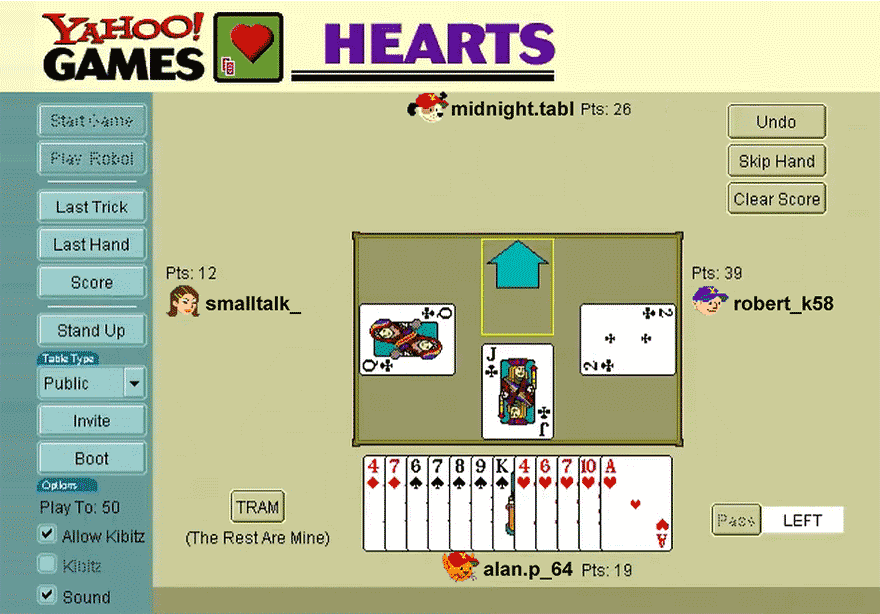 Yahoo Games Hearts showing online multiplayer gameplay