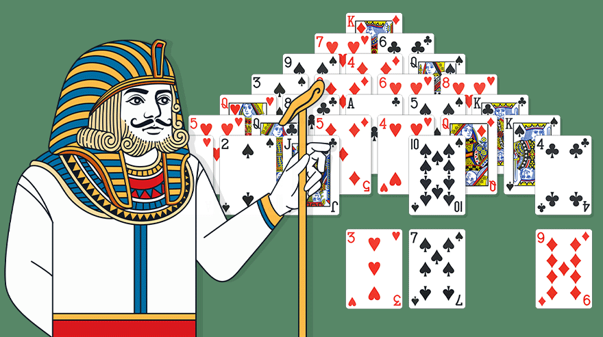 Pharaoh-themed card king mascot next to a Pyramid Solitaire game