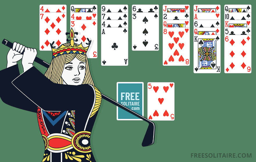 Queen card mascot swinging a golf club next to a Golf Solitaire layout