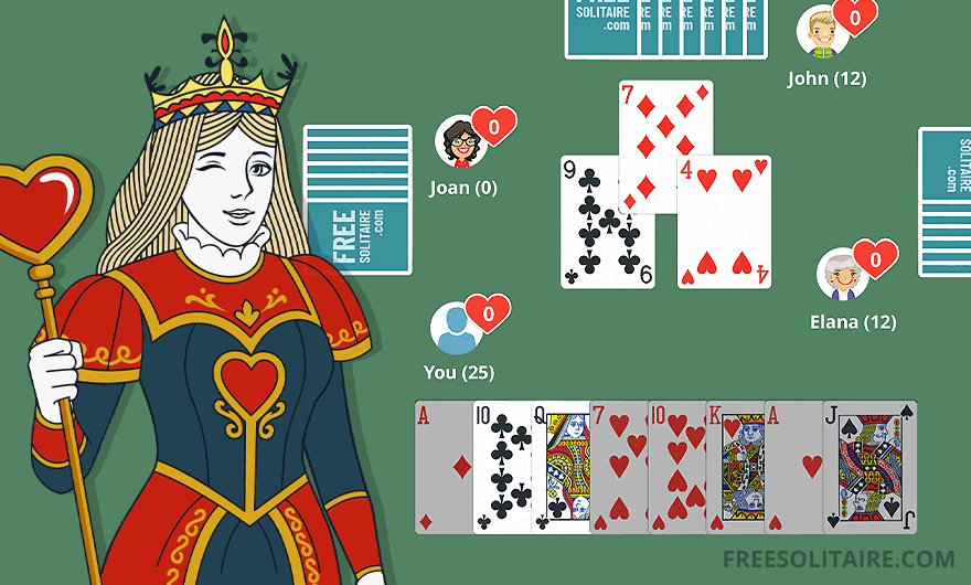 Queen of Hearts mascot next to Hearts gameplay scene
