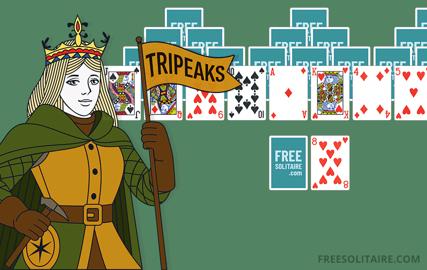 Mountaineer queen mascot standing next to a TriPeaks Solitaire card layout
