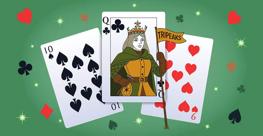 TriPeaks queen mascot with flag in front of playing cards