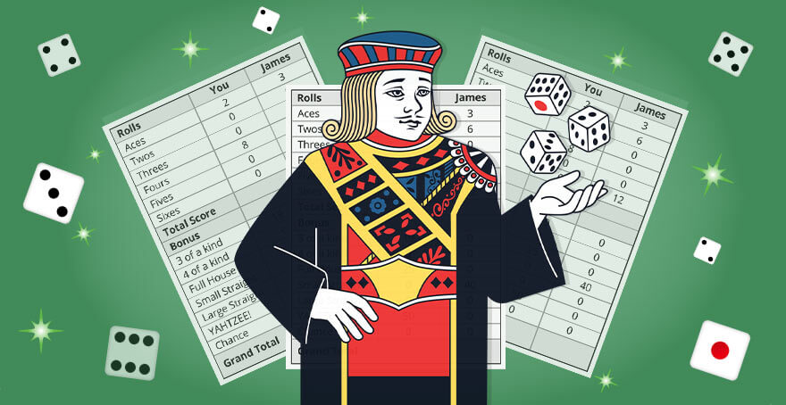 Yahtzee Jack mascot tossing dice into the air